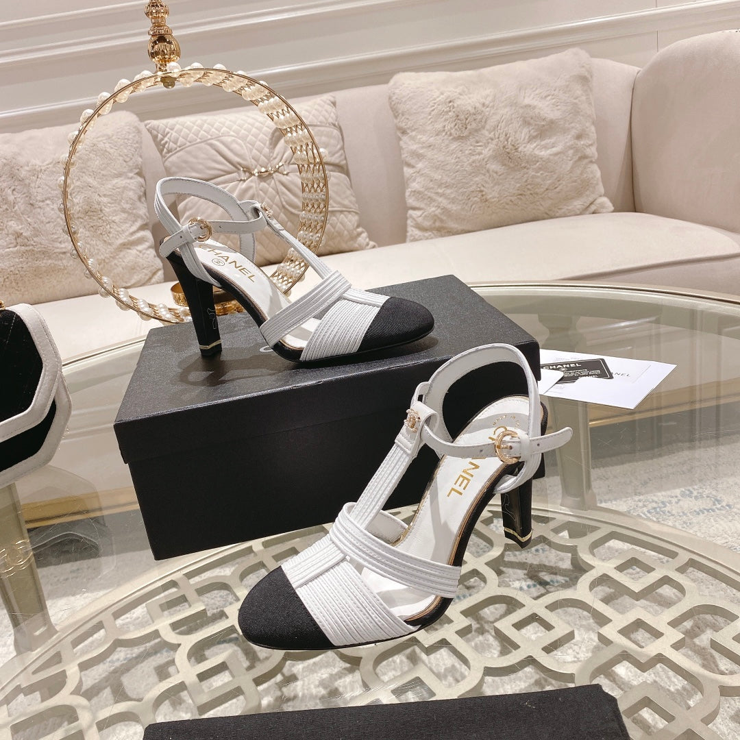 CHANEL Double C  Heeled Sandals White Black Lambskin