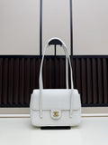 White Caviar Leather Flap Shoulder Bag with Gold Hardware