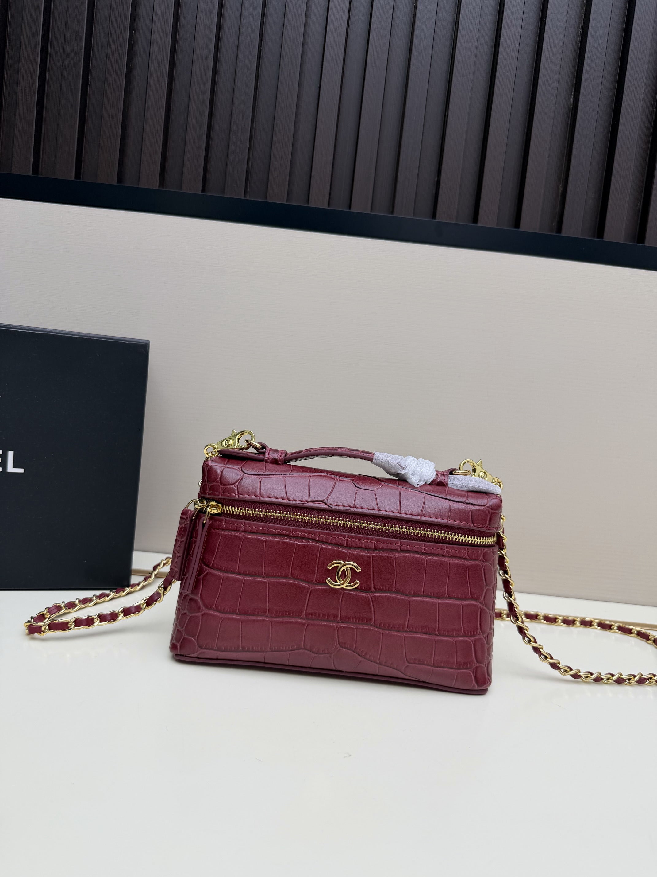Chanel Vanity Case Bag – Burgundy Crocodile-Embossed Leather with Gold Hardware