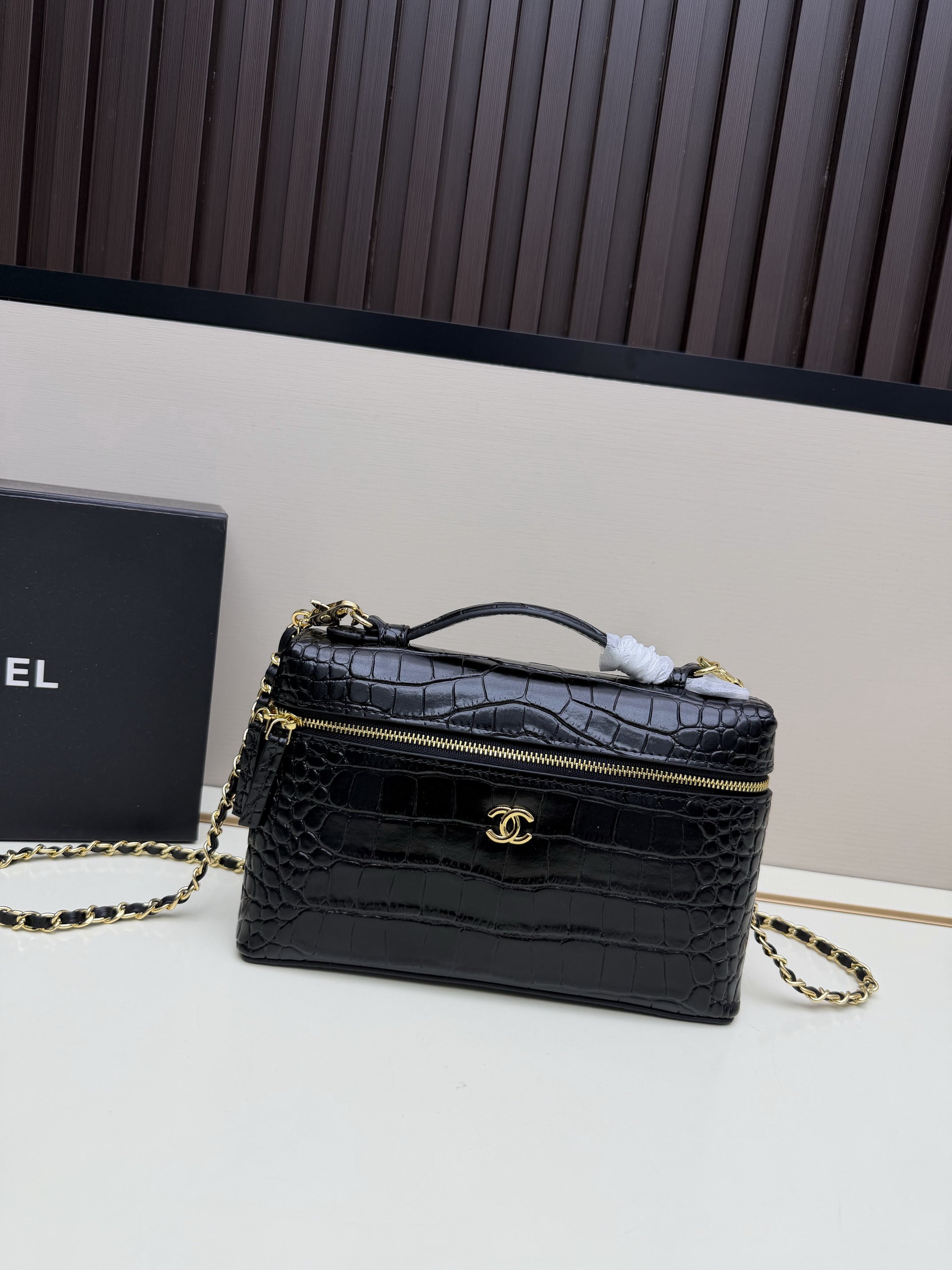 Chanel Vanity Case Bag – Black-Embossed Leather with Gold Hardware