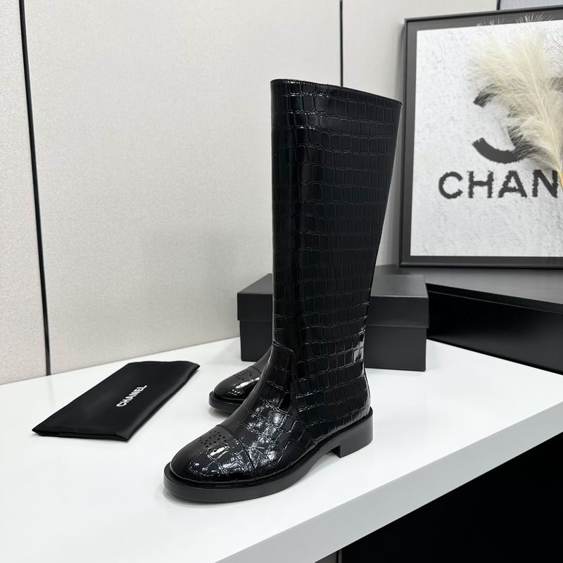Chanel Black Croc-Embossed Knee-High Boots