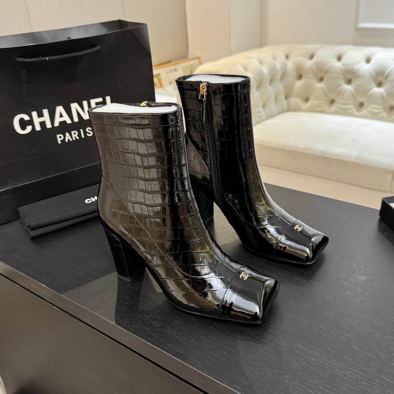 Chanel Black Croc-Embossed Block-Heel Ankle Boots