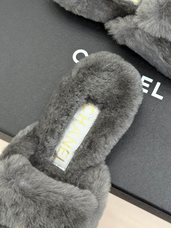 Chanel Dark Gray Plush Logo Open-Back Mules