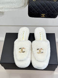 Chanel White Plush Logo Open-Back Mules