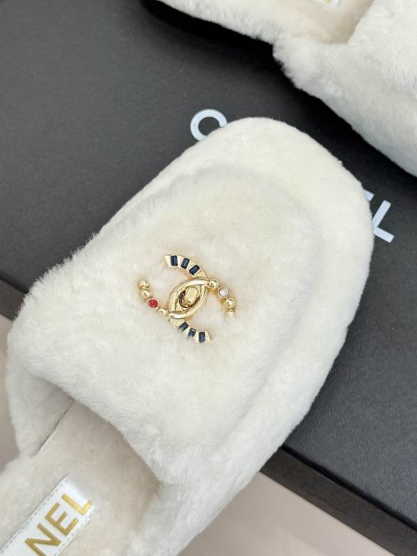 Chanel White Plush Logo Open-Back Mules