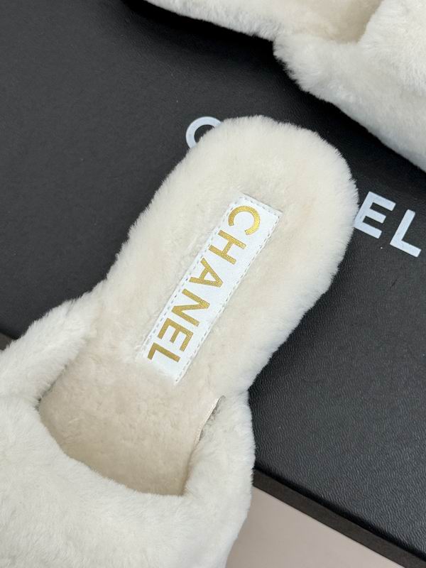 Chanel White Plush Logo Open-Back Mules