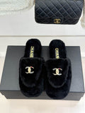 Chanel Black Plush Logo Open-Back Mules