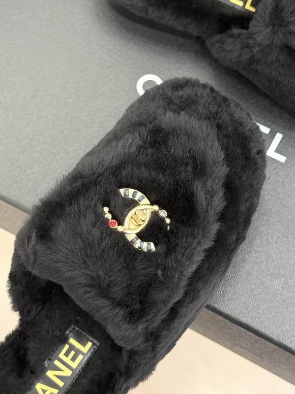 Chanel Black Plush Logo Open-Back Mules