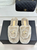 Chanel Gray Plush Logo Open-Back Mules