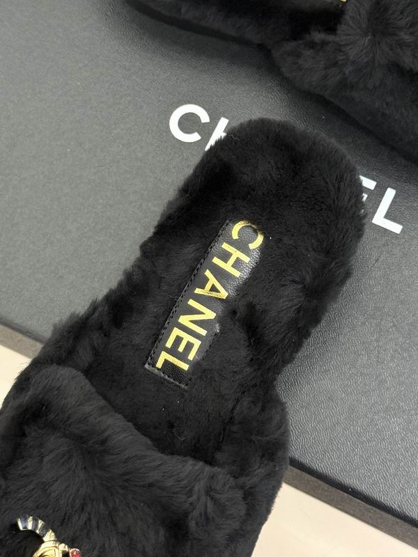 Chanel Black Plush Logo Open-Back Mules