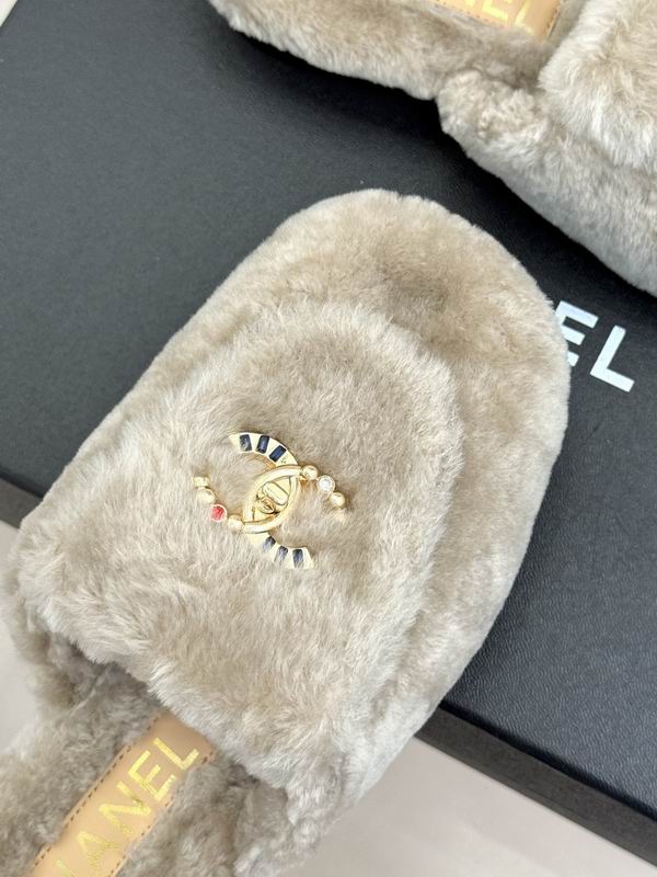 Chanel Gray Plush Logo Open-Back Mules