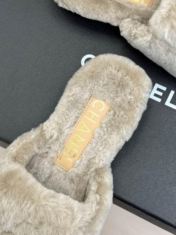 Chanel Gray Plush Logo Open-Back Mules