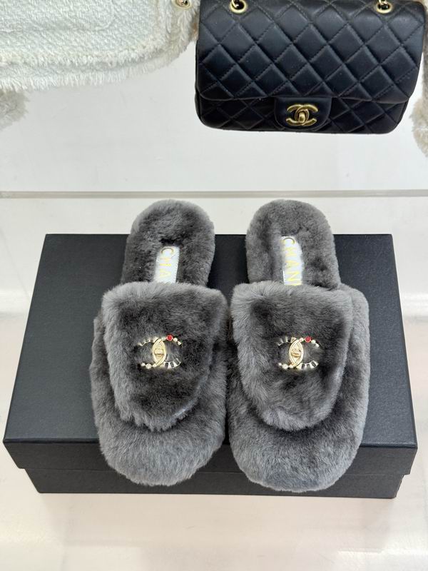 Chanel Dark Gray Plush Logo Open-Back Mules