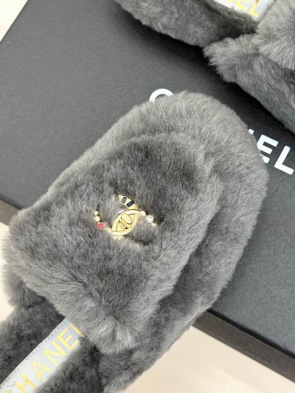Chanel Dark Gray Plush Logo Open-Back Mules