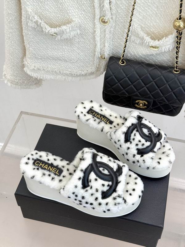 Chanel  White Black Plush CC Logo Platform Slides