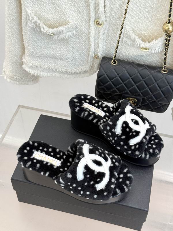Chanel Black & White Plush CC Logo Platform Slides