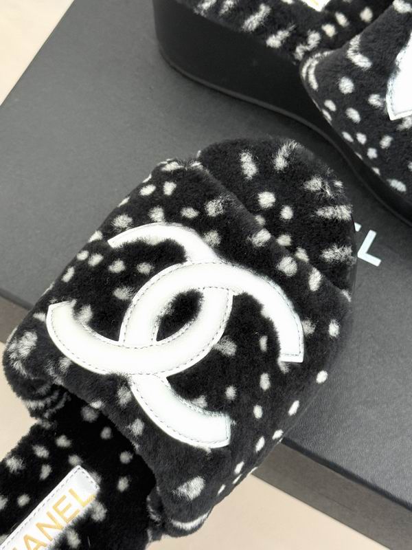 Chanel Black & White Plush CC Logo Platform Slides