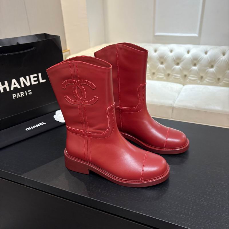 Chanel Red Tall Boots with Interlocking-C Logo