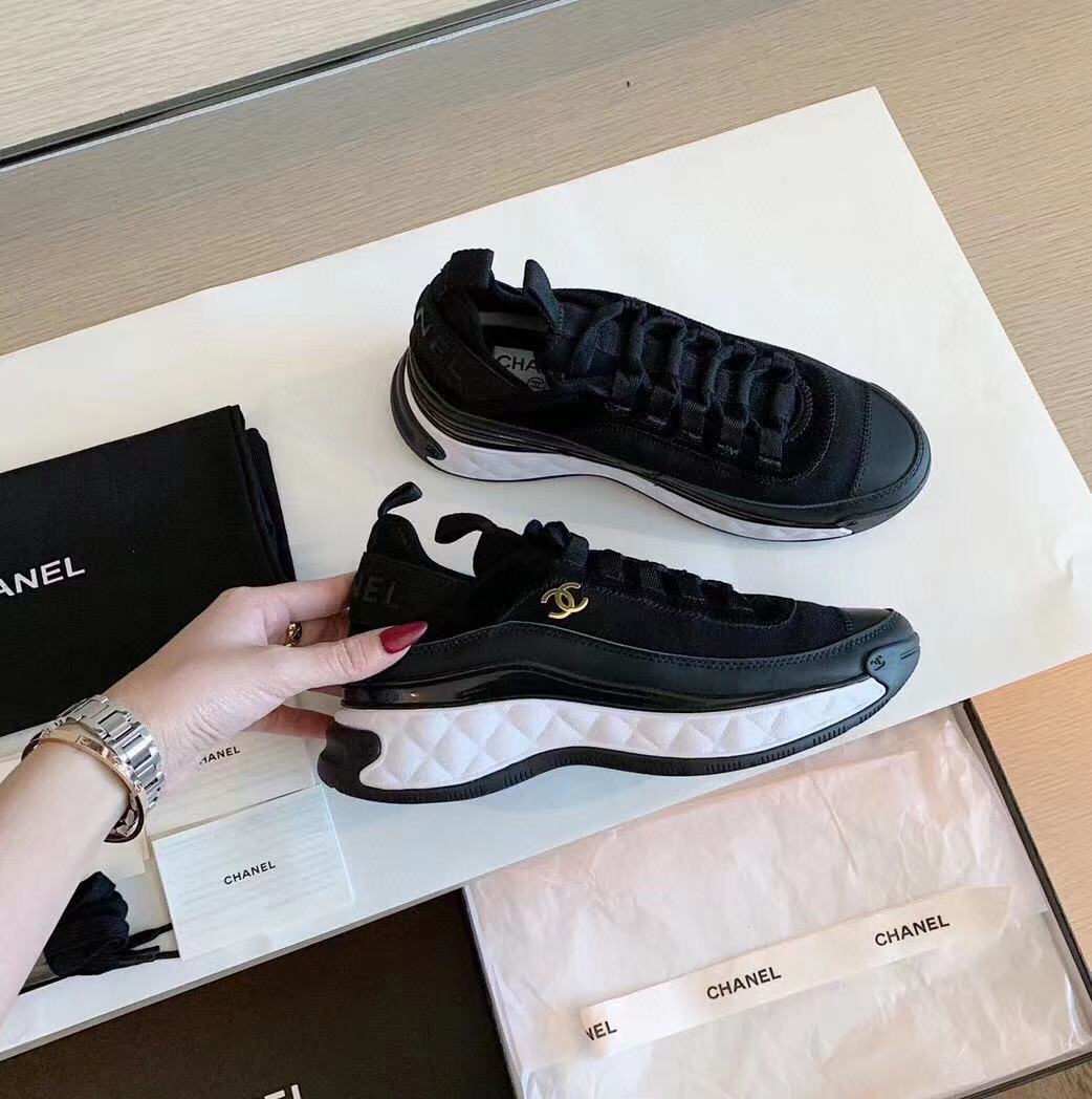 CHANEL Bubble Quilted Trainer Sneaker Black White