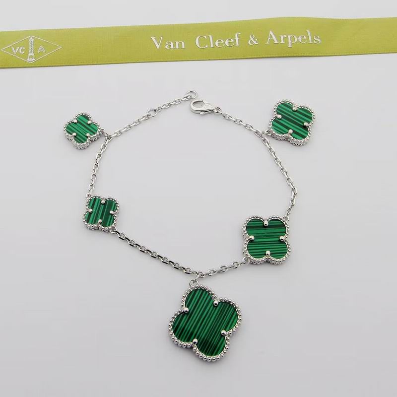 Van Cleef & Arpels Style Malachite Five-Motif Clover Bracelet in Silver-Tone