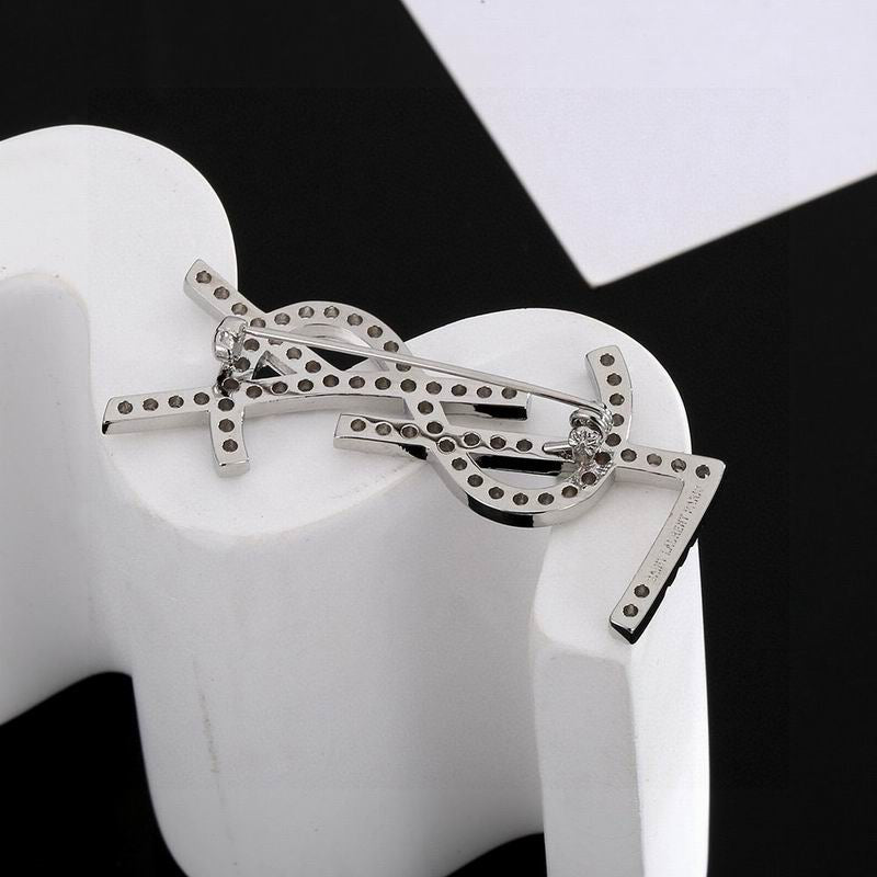 Saint Laurent YSL Cassandre Crystal Brooch — Silver Pavé