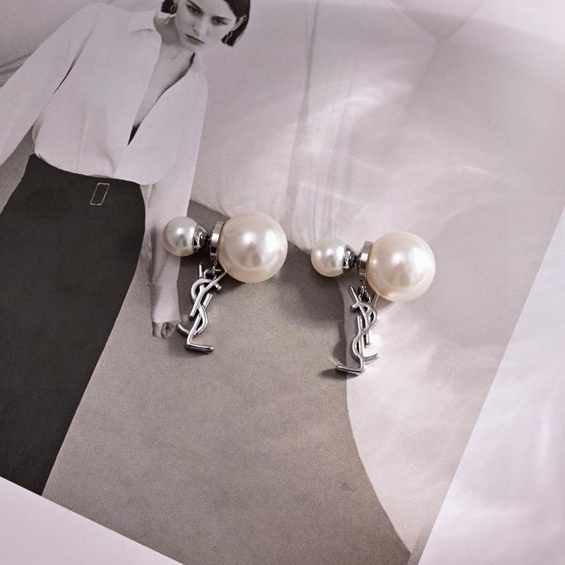 Saint Laurent Cassandre pearl drop earrings with YSL monogram charm in silver-tone metal