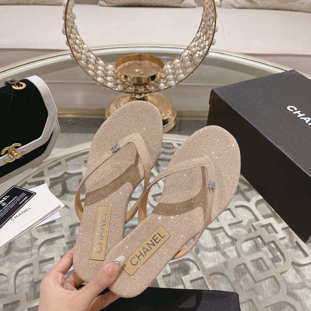 CHANEL Double  Rhinestone Flip  Flop Thongs Beige Cream Sheepskin