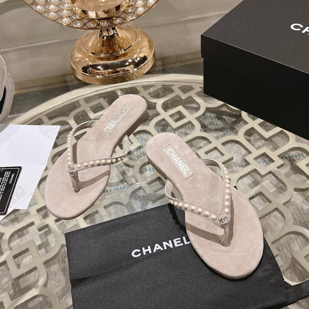 CHANEL PEARL THONG SANDAL IN PALE PINK SUEDE
