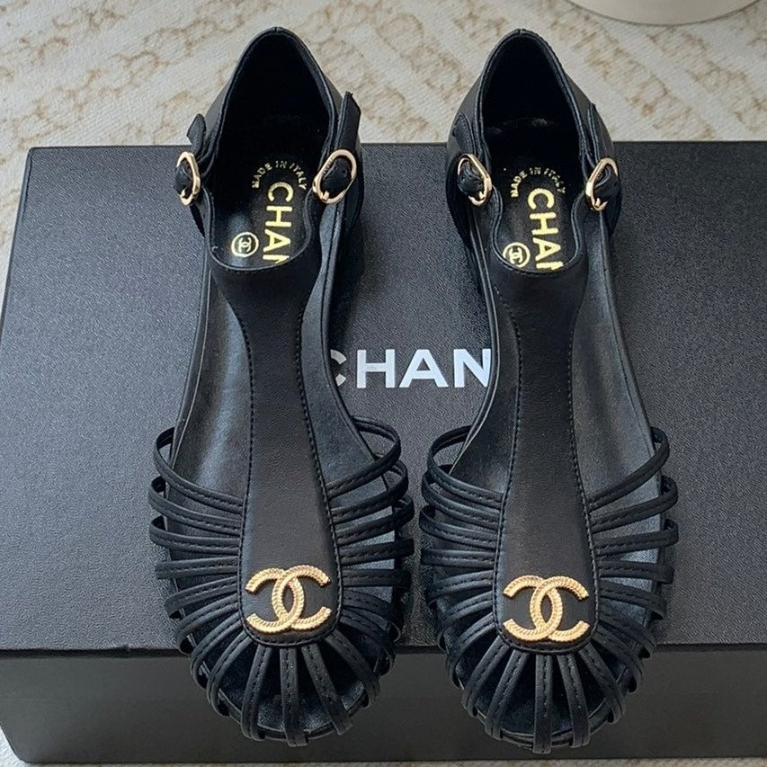 CHANEL Summer New Hollow Roman Sandals Black Sheepskin